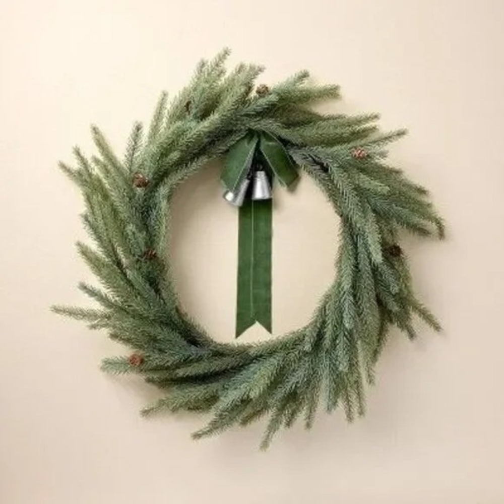 26" Faux Spruce Wreath Bells & Velvet Ribbon – Hearth & Hand Magnolia Christmas